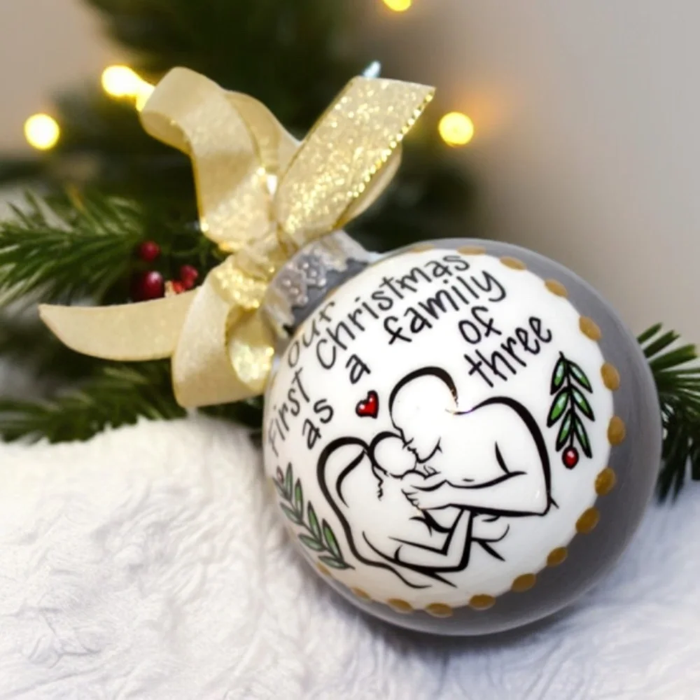 “Our First Christmas as a Family of Three” Personalized Ornament | Hand-Painted